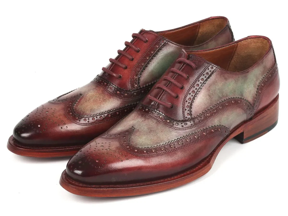 Paul Parkman Goodyear Welted Men's Two Tone Wingtip Oxfords in Green and Bordeaux - Image 6