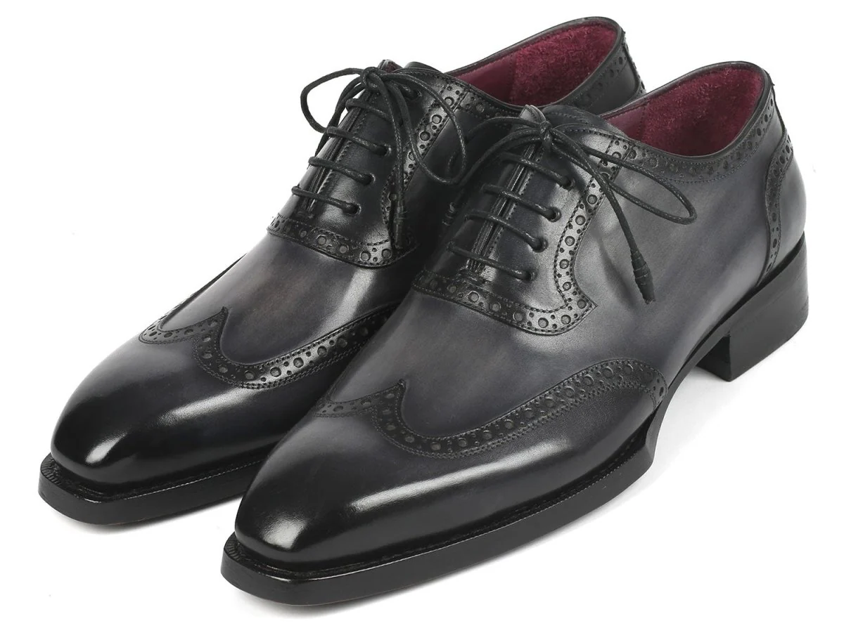 Paul Parkman Goodyear Welted Men's Wingtip Oxfords Black and Gray (ID#6819-GRY) - Image 6