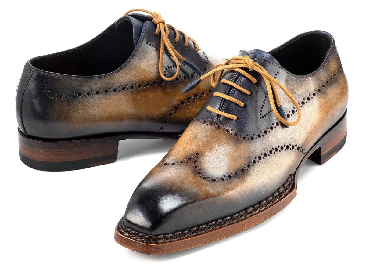 Paul Parkman Goodyear Welted Men's Wingtip Oxfords Camel and Navy (ID#81CML62) - Image 2