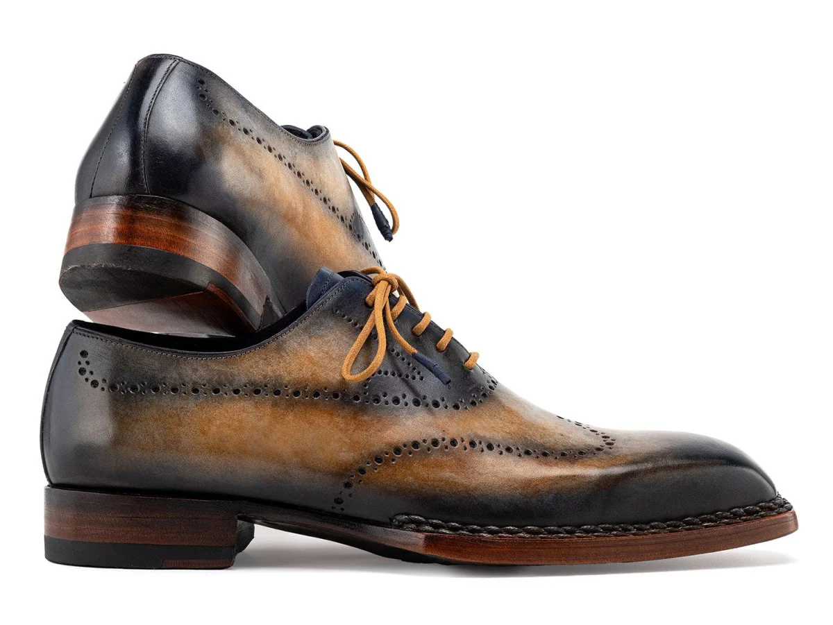 Paul Parkman Goodyear Welted Men's Wingtip Oxfords Camel and Navy (ID#81CML62) - Image 4