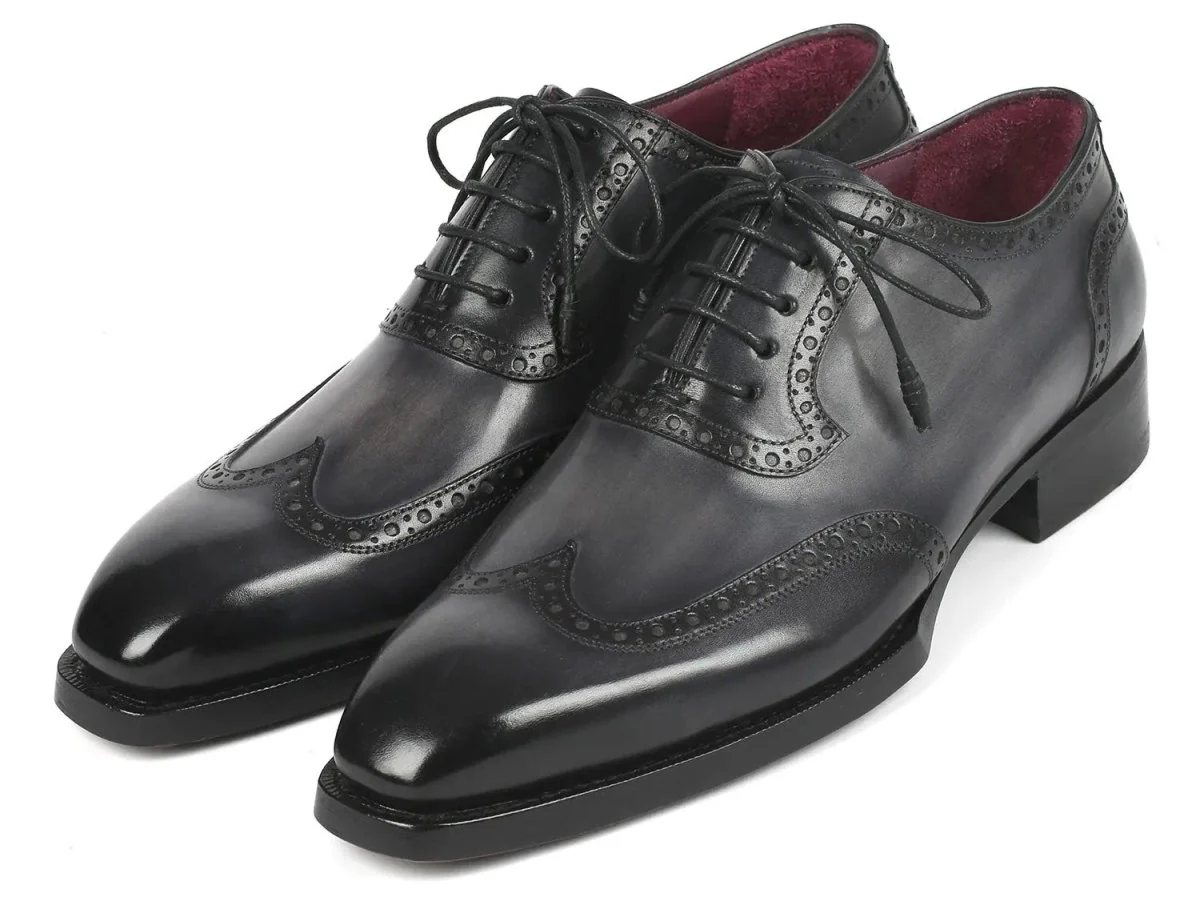 Paul Parkman Goodyear Welted Men's Wingtip Oxfords in Black and Gray - Image 6