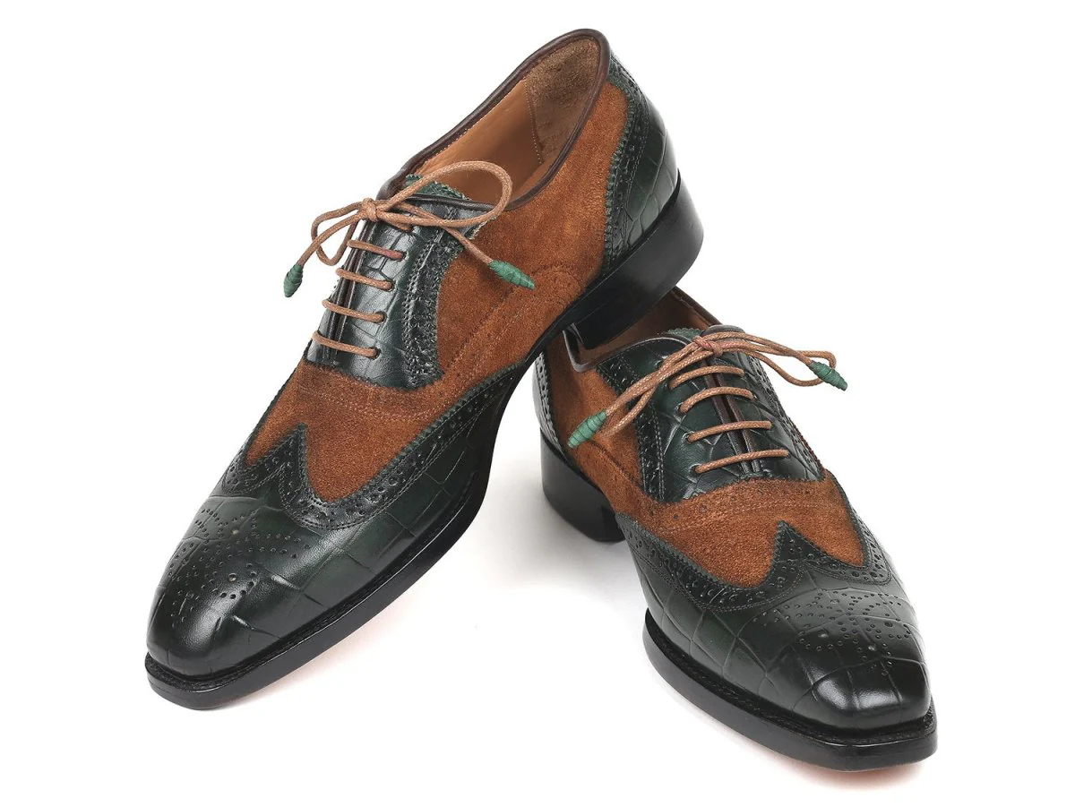 Paul Parkman Goodyear Welted Wingtip Oxfords in Brown and Green - Image 5