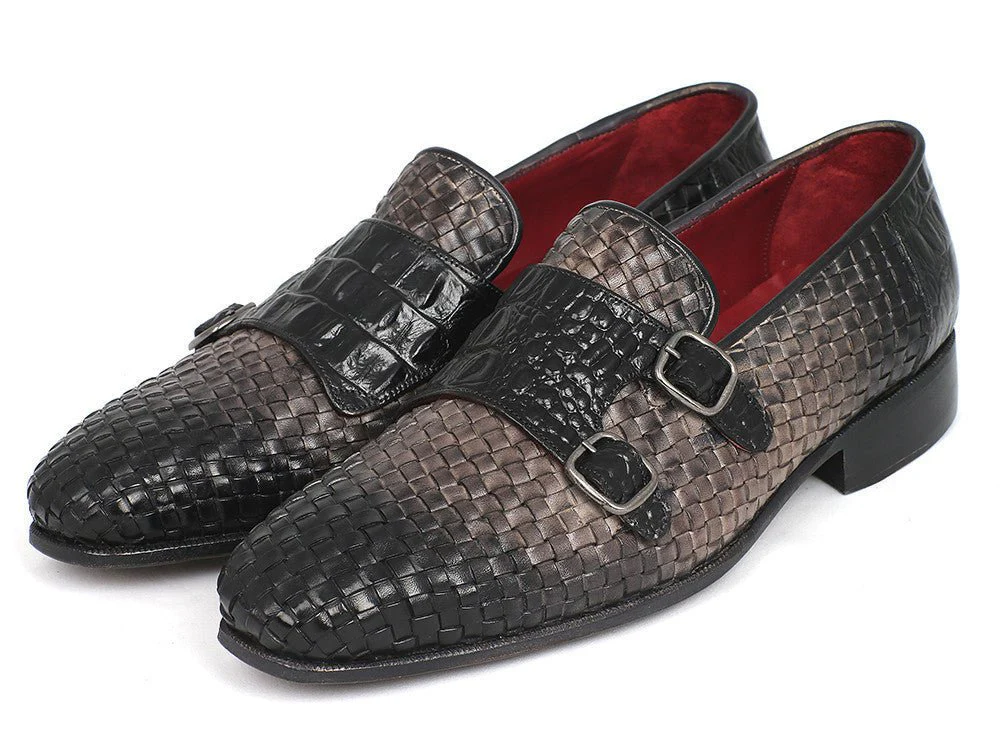 Paul Parkman Gray Woven and Croc Embossed Monkstraps (ID#HK588-GRY) - Image 6