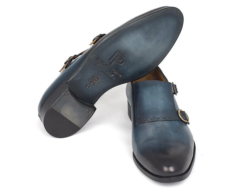 Paul Parkman Hand-Painted Leather Double Monkstrap Shoes in Navy - Image 3
