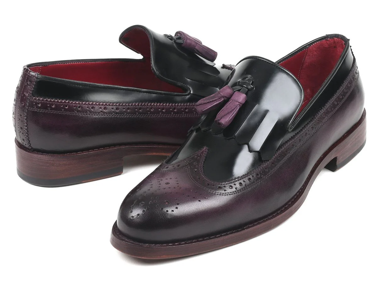 Paul Parkman Kiltie Tassel Loafer in Black and Purple - Image 2