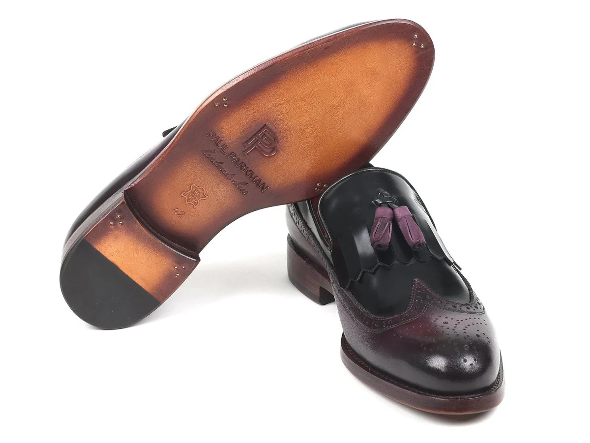 Paul Parkman Kiltie Tassel Loafer in Black and Purple - Image 3