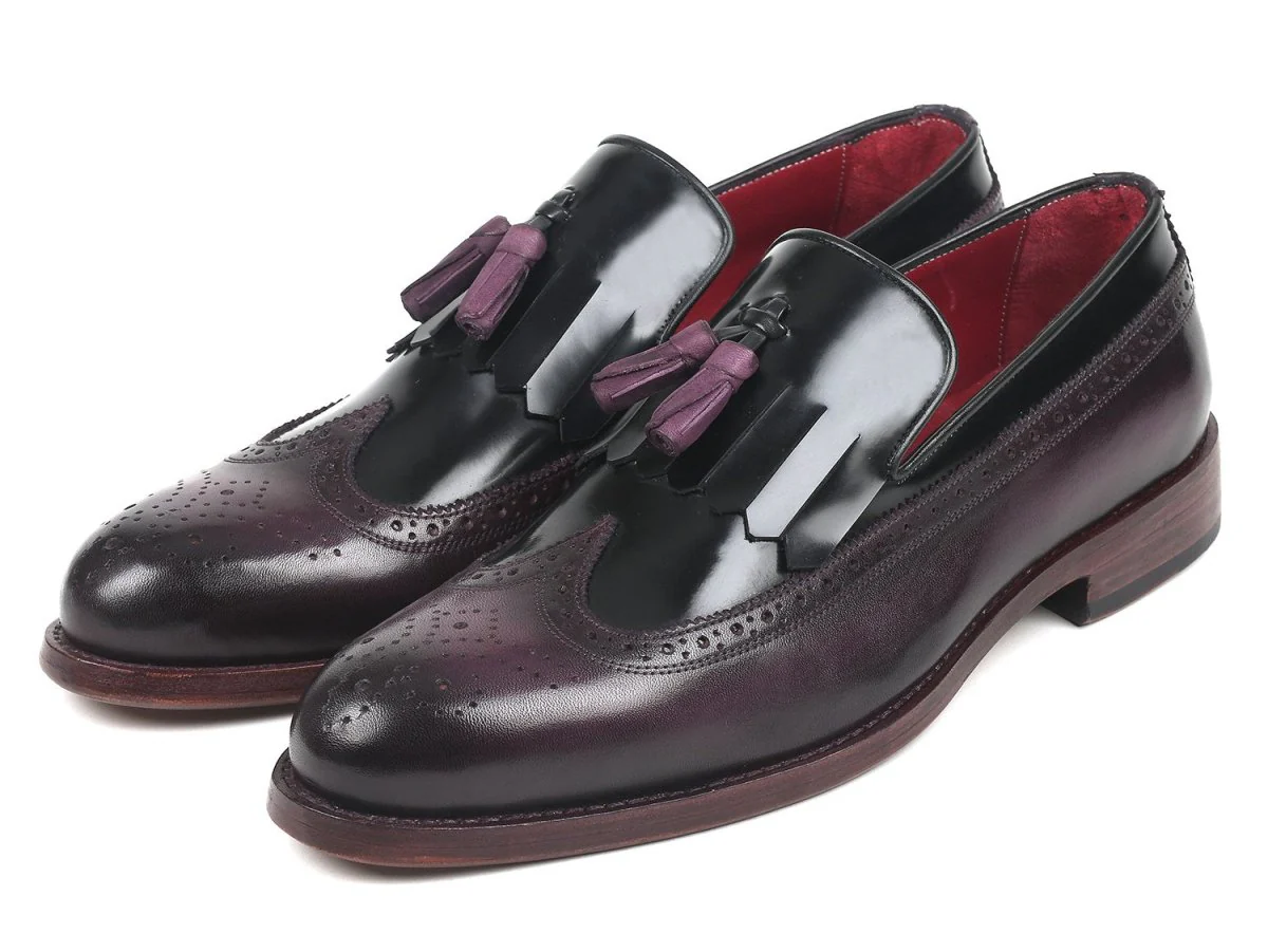 Paul Parkman Kiltie Tassel Loafer in Black and Purple - Image 6