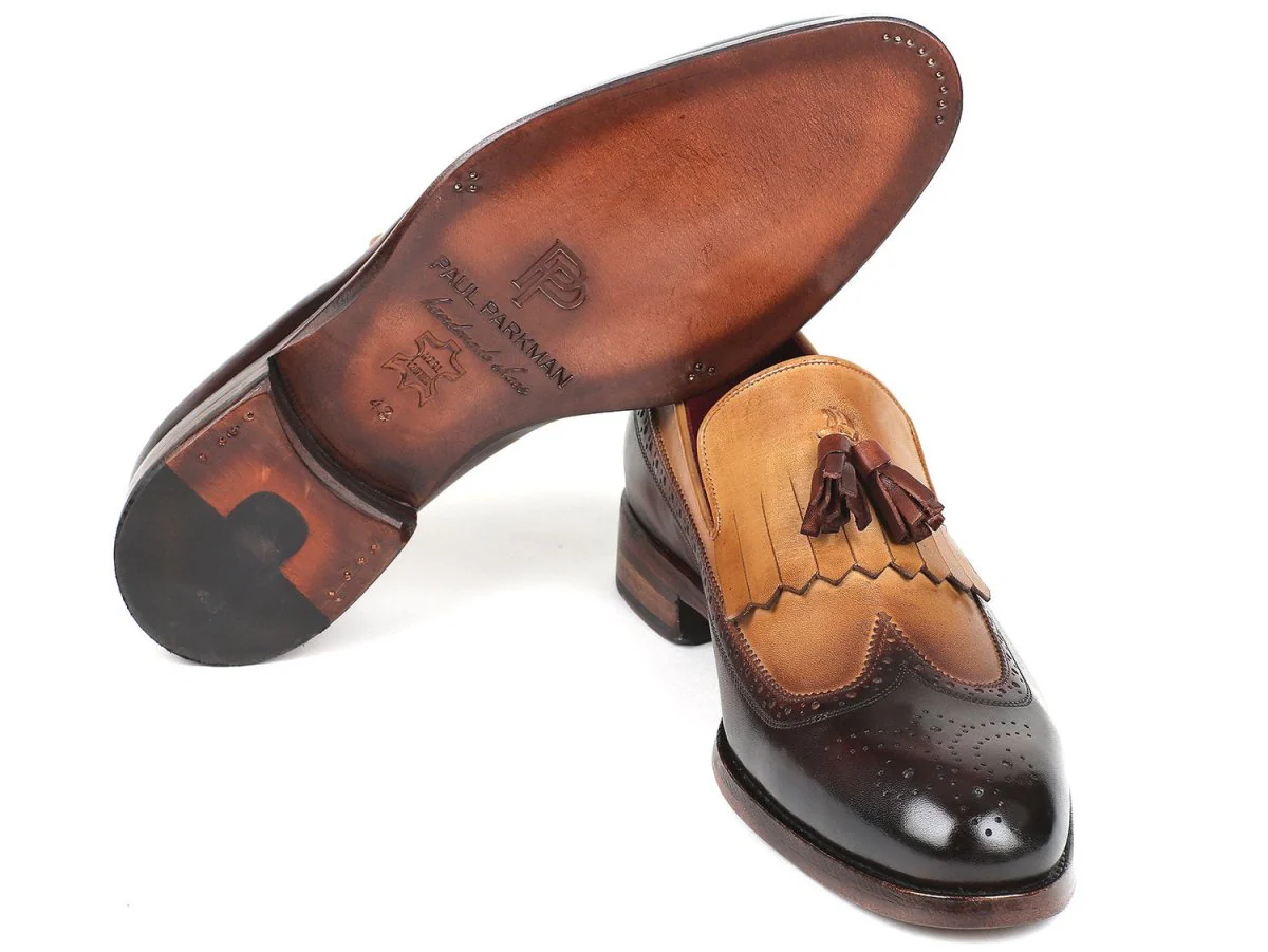 Paul Parkman Kiltie Tassel Loafers in Beige and Brown - Image 4