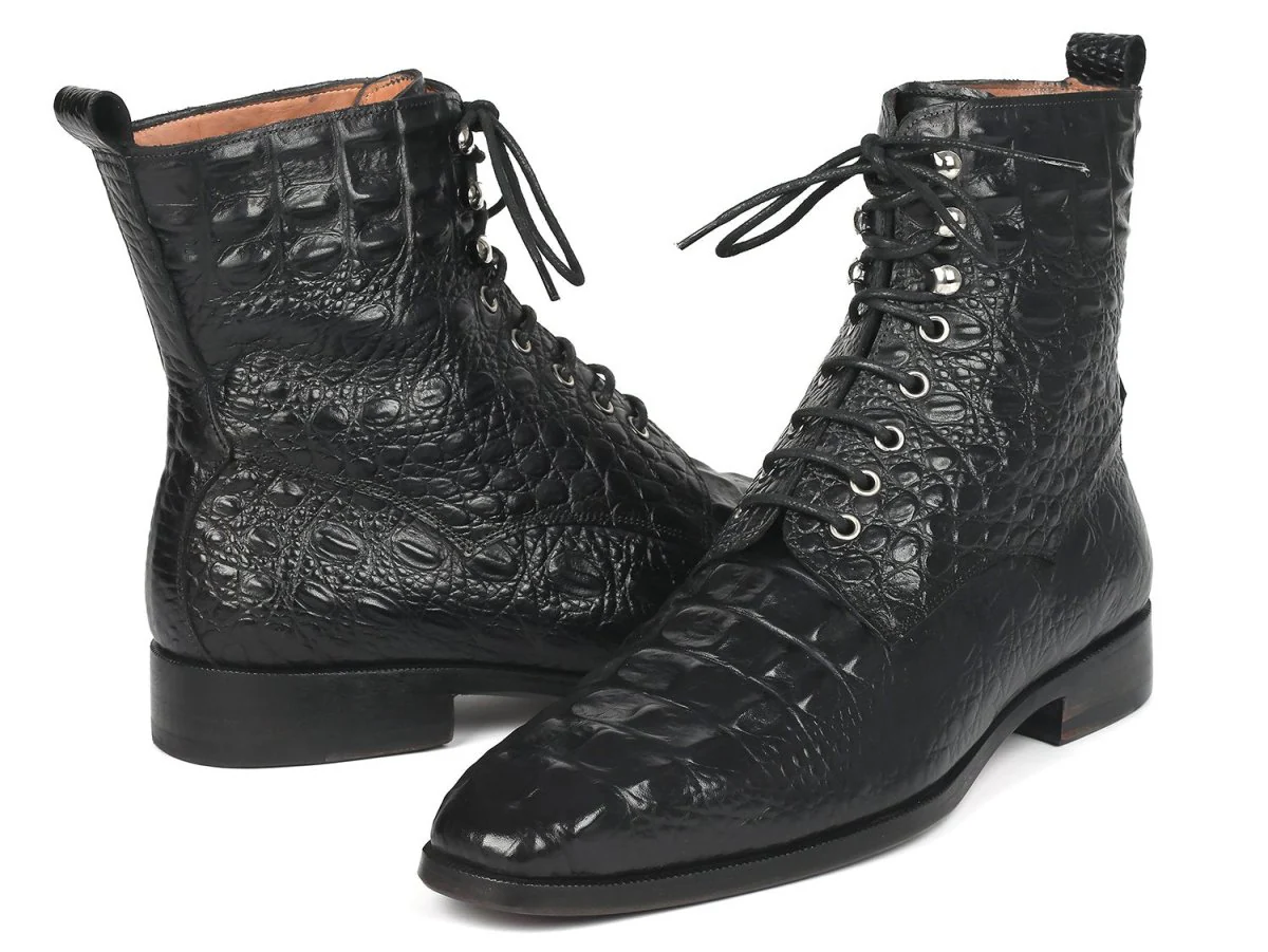 Paul Parkman Men's Black Croco Embossed Leather Lace-Up Boots (ID#BT744-BLK) - Image 2