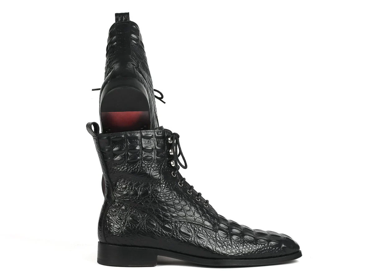 Paul Parkman Men's Black Croco Embossed Leather Lace-Up Boots (ID#BT744-BLK) - Image 6