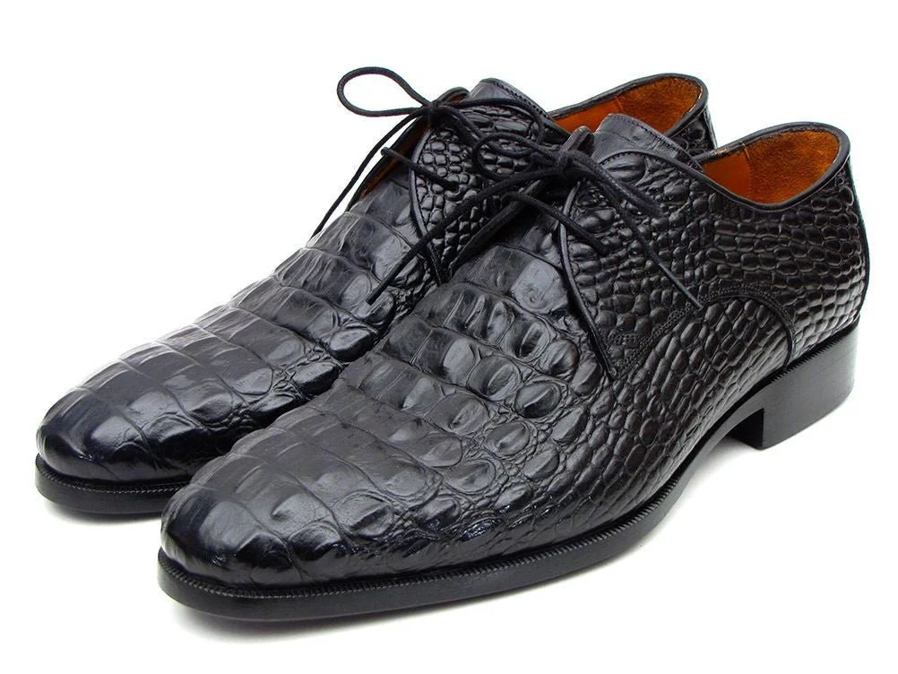 Paul Parkman Men's Black Crocodile Embossed Calfskin Derby Shoes (ID#1438BLK) - Image 4
