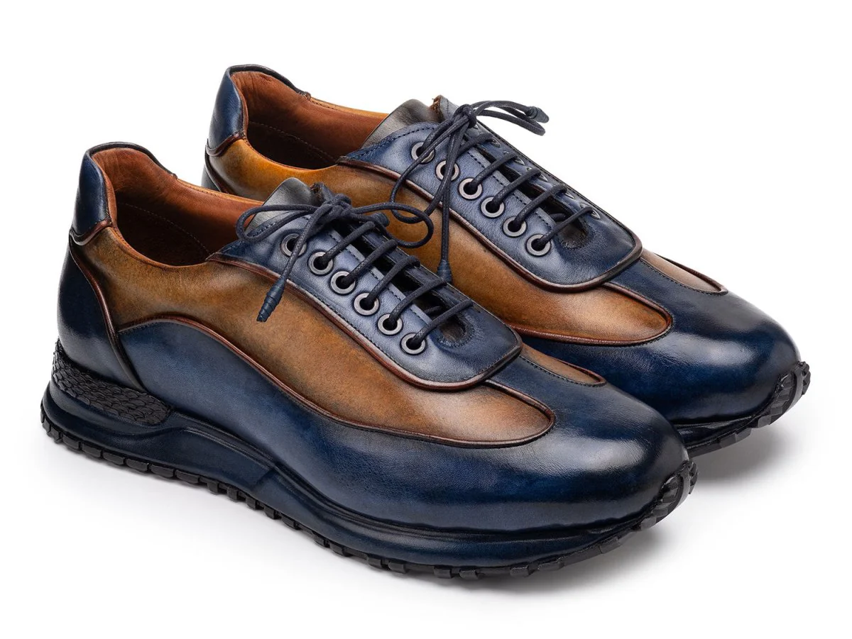 Paul Parkman Men's Blue and Camel Patina Leather Sneakers (ID#LS406BCL)