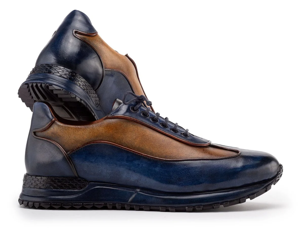 Paul Parkman Men's Blue and Camel Patina Leather Sneakers (ID#LS406BCL) - Image 2