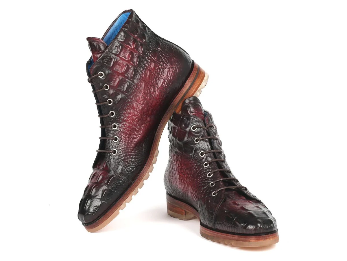 Paul Parkman Men's Bordeaux Croco Embossed Leather Boots (12811-BRD) - Image 3