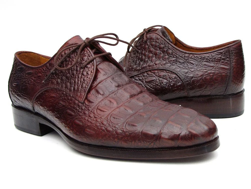 Paul Parkman Men's Brown and Bordeaux Crocodile Embossed Calfskin Derby Shoes (ID#1438BRD) - Image 2