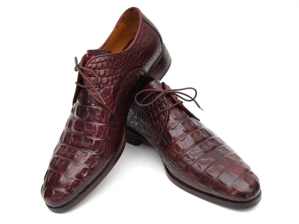 Paul Parkman Men's Brown and Bordeaux Crocodile Embossed Calfskin Derby Shoes (ID#1438BRD) - Image 3
