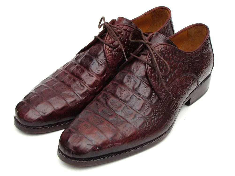 Paul Parkman Men's Brown and Bordeaux Crocodile Embossed Calfskin Derby Shoes (ID#1438BRD) - Image 5