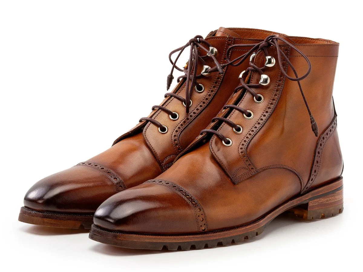 Paul Parkman Men's Brown Burnished Leather Cap Toe Boots (ID#BT9566-BRW) - Image 6