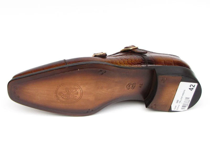 Paul Parkman Men's Brown Crocodile Embossed Calfskin Double Monkstrap (ID#045-APR-BRW) - Image 4