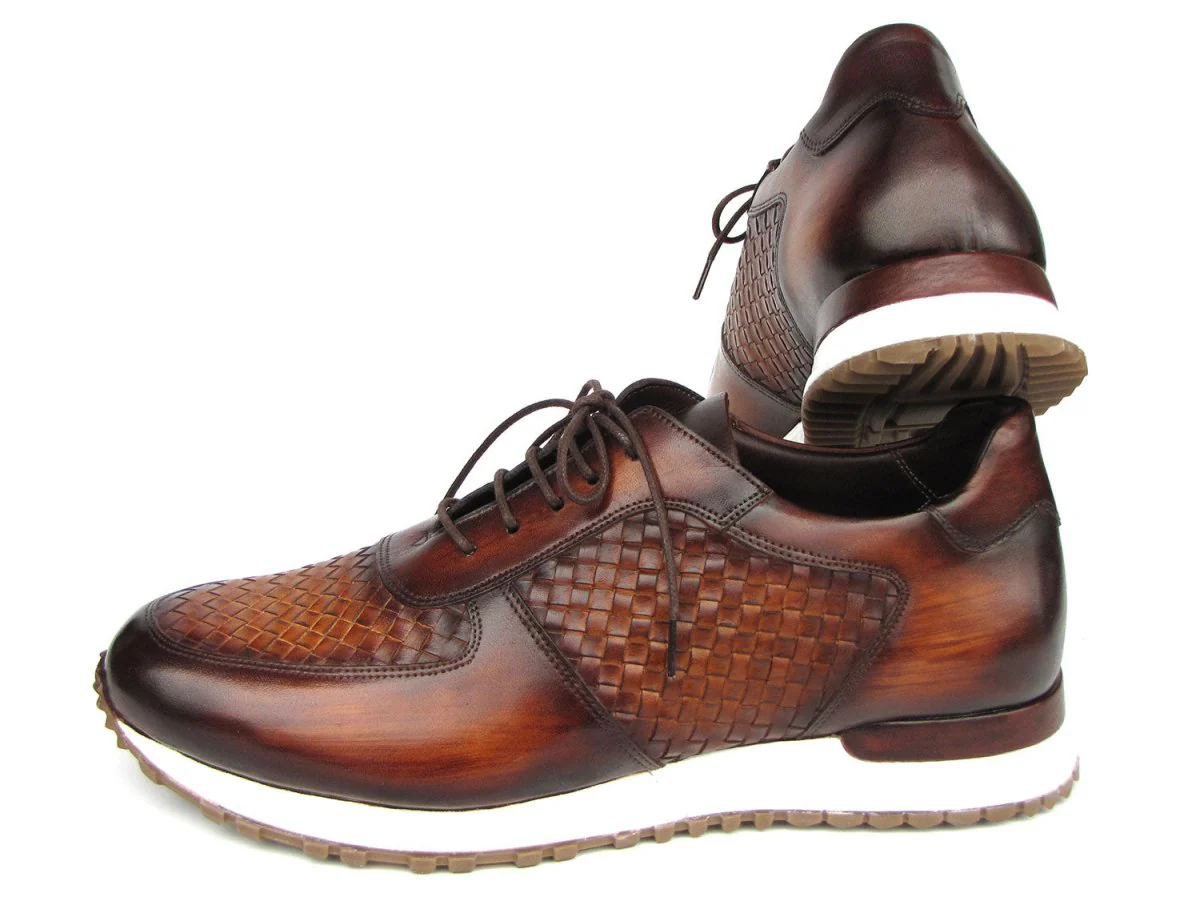 Paul Parkman Men's Brown Hand-Painted Woven Leather Sneakers - Image 3
