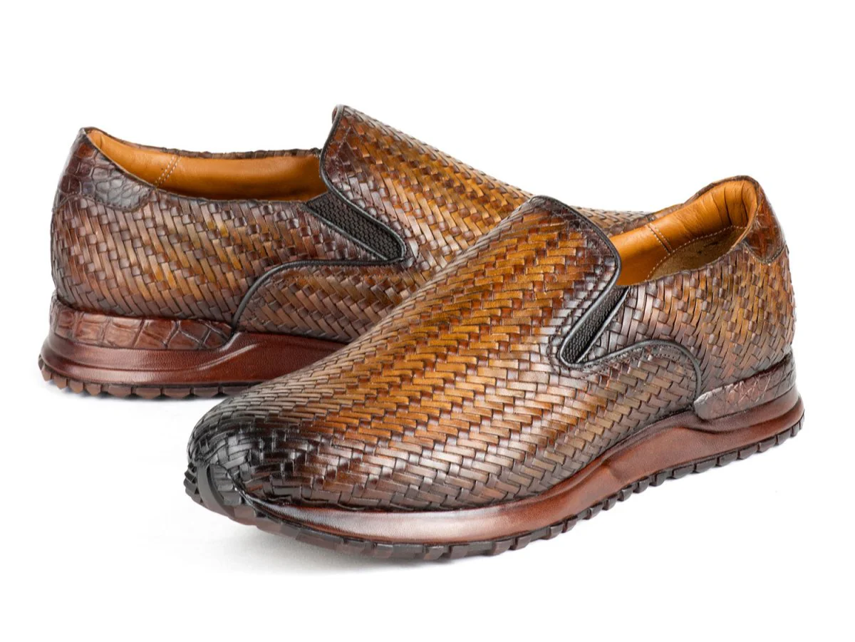 Paul Parkman Men's Brown Woven Leather Slip-On Sneakers (ID#LW204BRW) - Image 2