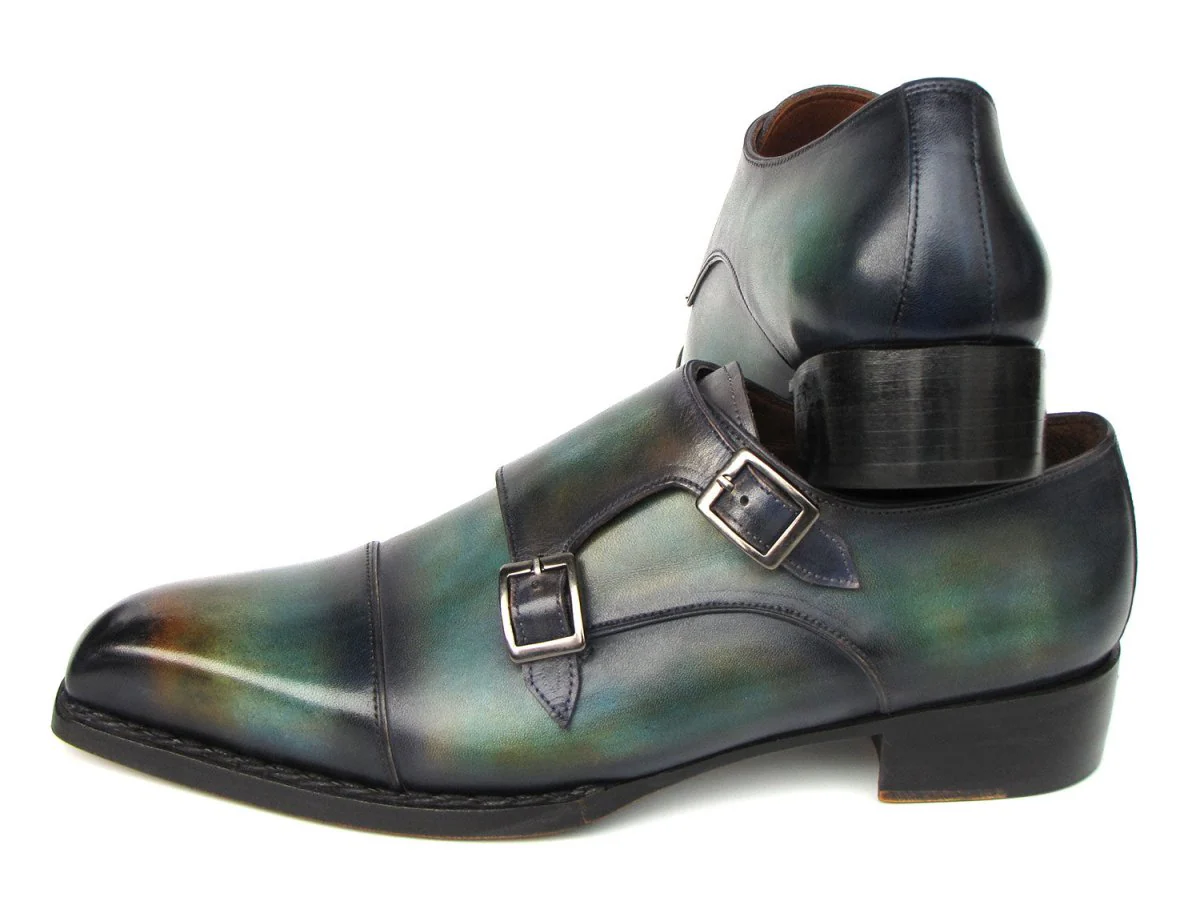 Paul Parkman Men's Cap Toe Double Monkstrap Shoes Green and Blue Patina - Image 4