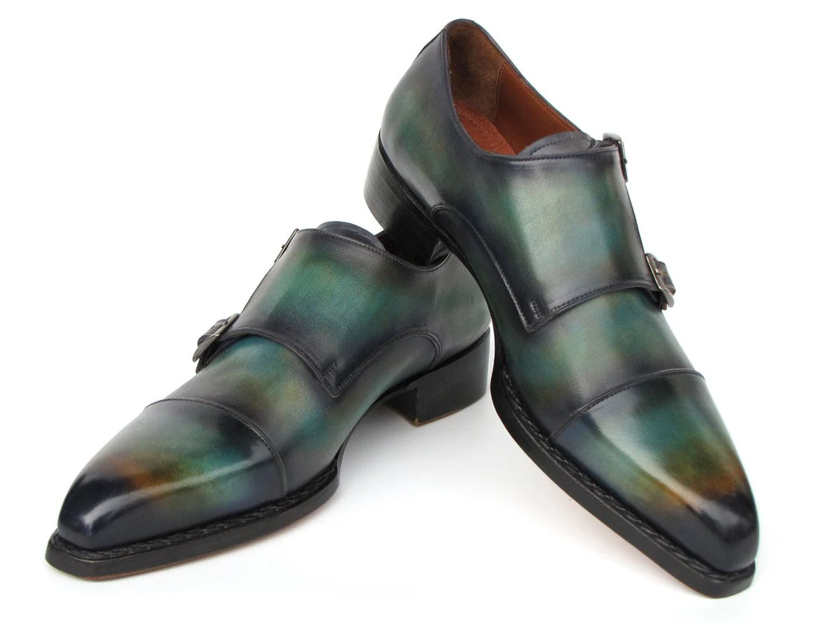 Paul Parkman Men's Cap Toe Double Monkstrap Shoes Green and Blue Patina - Image 5
