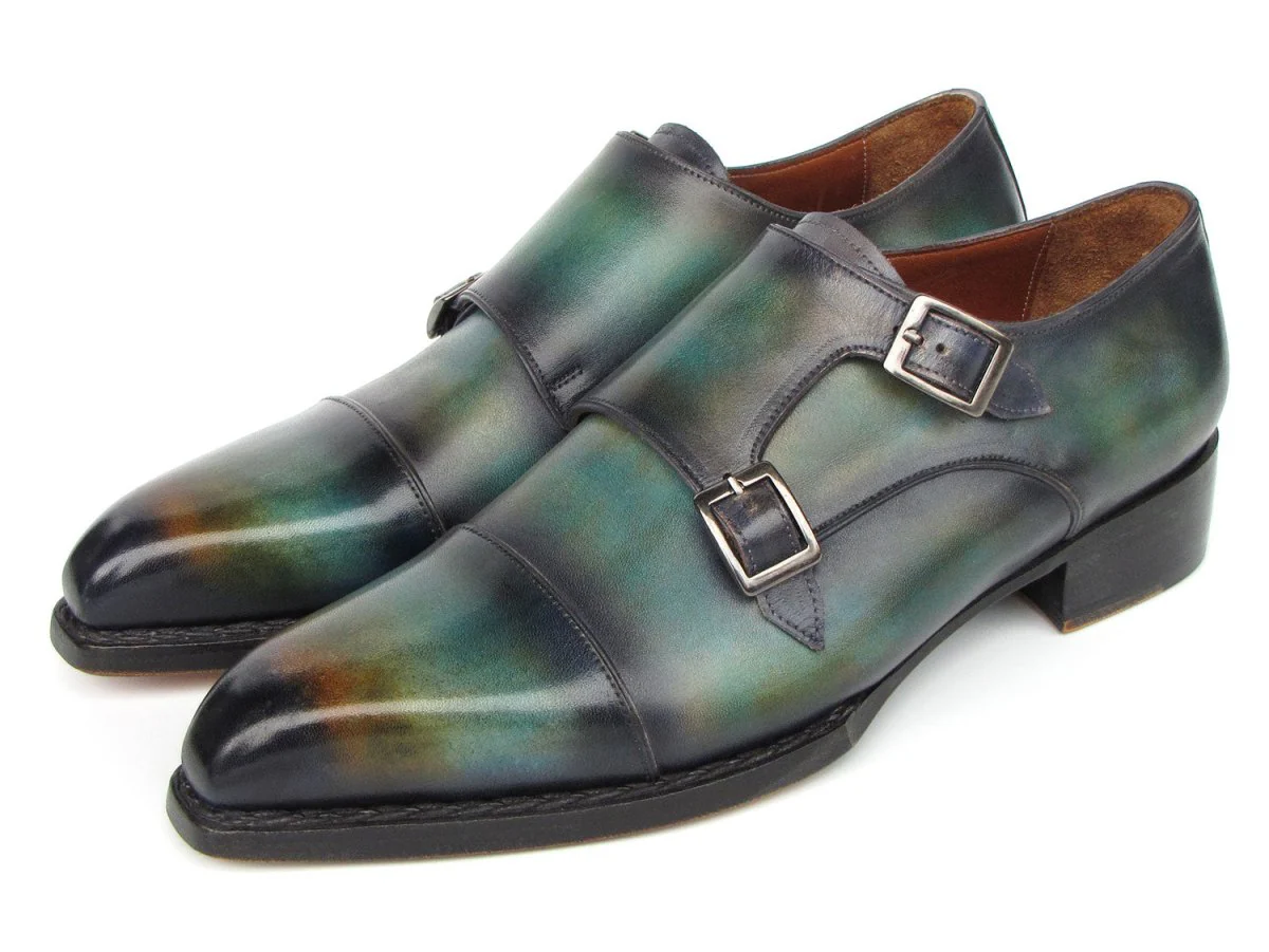Paul Parkman Men's Cap Toe Double Monkstrap Shoes Green and Blue Patina - Image 6