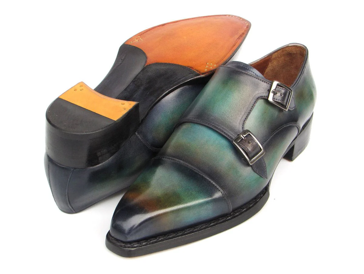 Paul Parkman Men's Cap Toe Double Monkstrap Shoes Green and Blue Patina (ID#2598-5BG) - Image 2