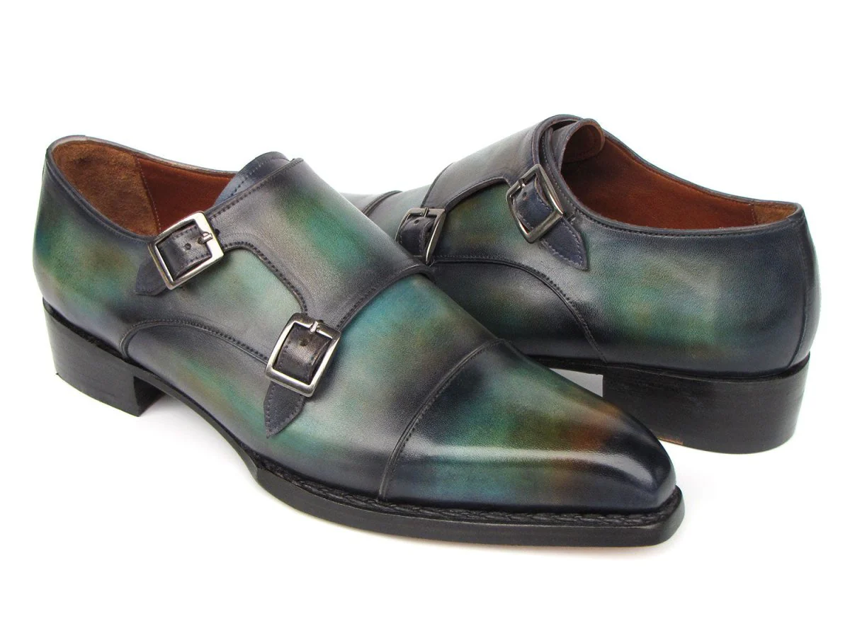 Paul Parkman Men's Cap Toe Double Monkstrap Shoes Green and Blue Patina (ID#2598-5BG) - Image 3