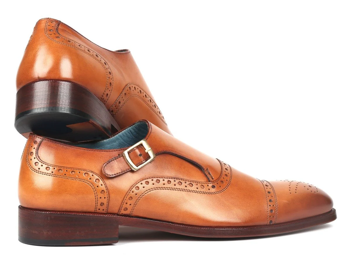 Paul Parkman Men's Cap Toe Monkstrap Shoes in Cognac - Image 2
