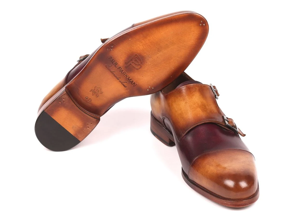 Paul Parkman Men's Captoe Double Monkstraps in Brown and Purple - Image 2