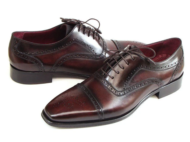 Paul Parkman Men's Captoe Oxfords Bordeaux and Brown Hand-Painted (ID#024-BRWBRD)