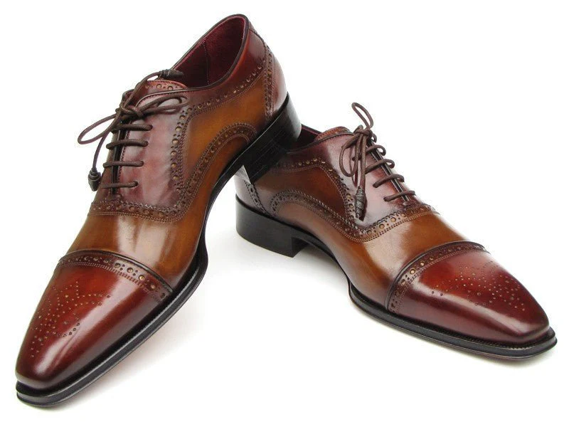 Paul Parkman Men's Captoe Oxfords - Camel / Red Hand-Painted Leather Upper and Leather Sole (ID#024-CML-BRD) - Image 2