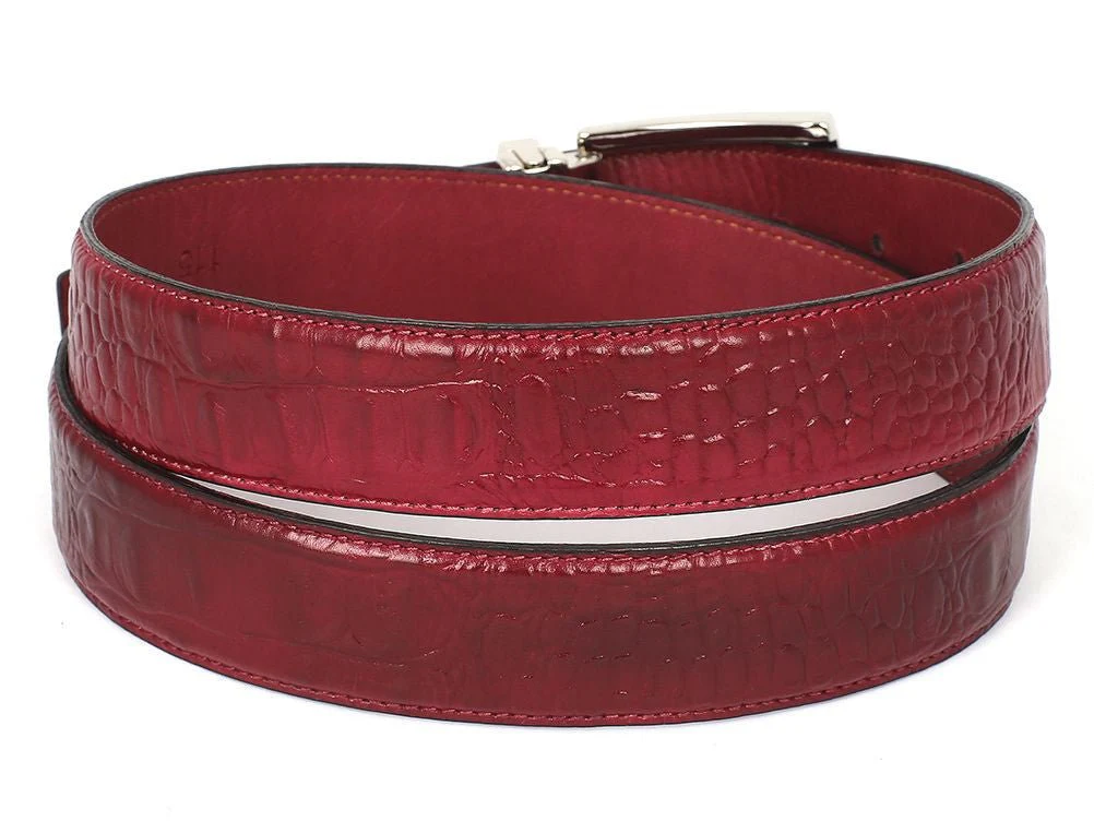 Paul Parkman Men's Croco-Embossed Calfskin Leather Belt in Burgundy - Image 2