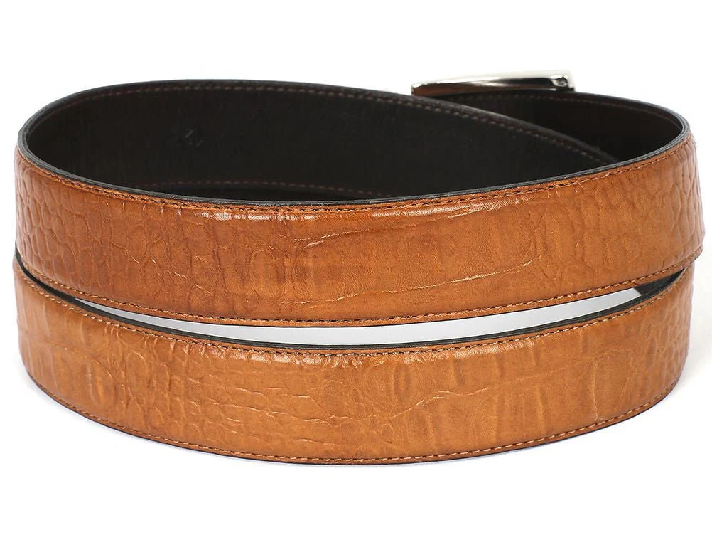 Paul Parkman Men's Croco-Embossed Calfskin Leather Belt in Camel - Image 2