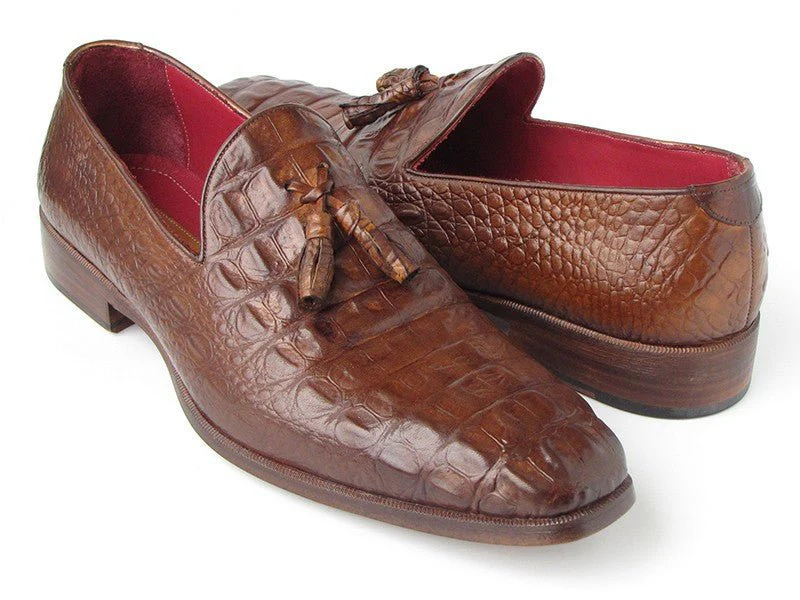 Paul Parkman Men's Croco-Embossed Calfskin Tassel Loafers in Brown - Image 3