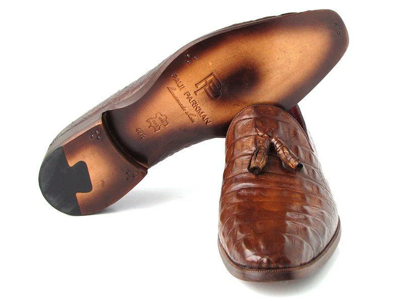 Paul Parkman Men's Croco-Embossed Calfskin Tassel Loafers in Brown - Image 5