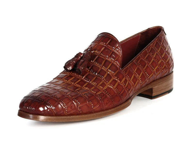 Paul Parkman Men's Croco-Embossed Calfskin Tassel Loafers in Brown - Image 3