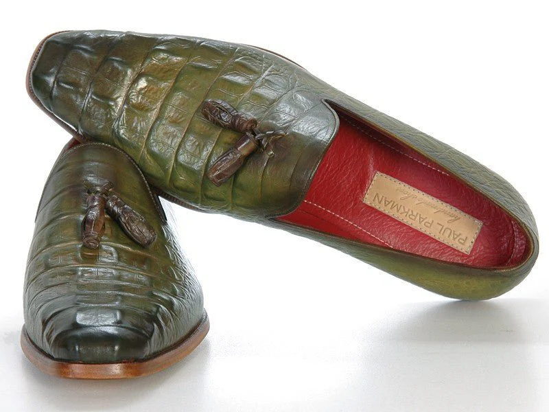 Paul Parkman Men's Croco-Embossed Calfskin Tassel Loafers in Green - Image 5