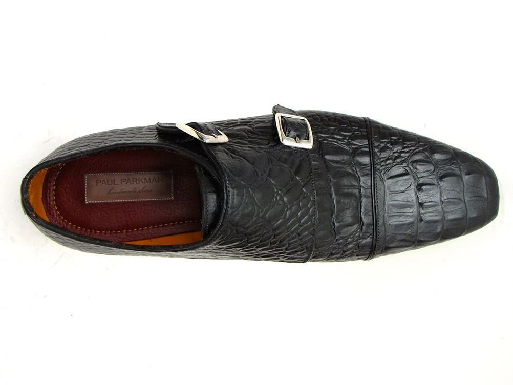 Paul Parkman Men's Croco-Embossed Leather Double Monkstraps in Black - Image 3