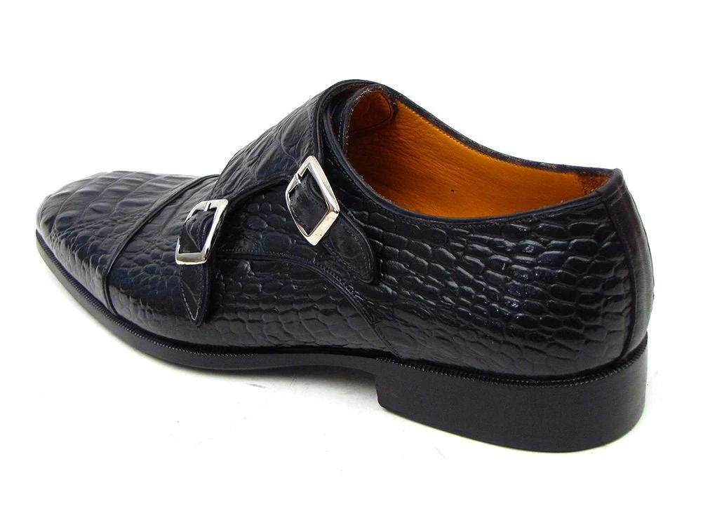 Paul Parkman Men's Croco-Embossed Leather Double Monkstraps in Black - Image 5