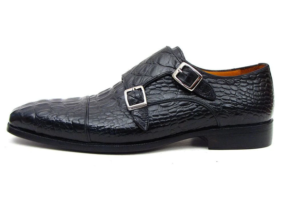 Paul Parkman Men's Croco-Embossed Leather Double Monkstraps in Black - Image 6