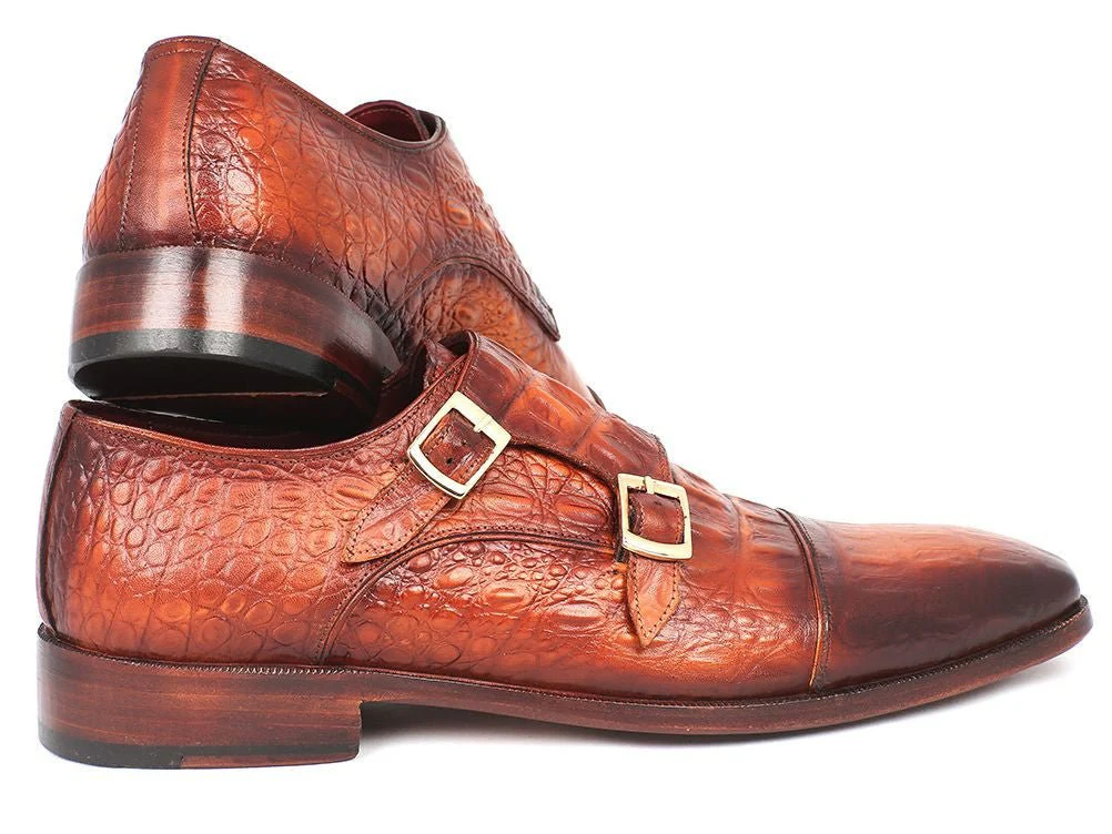Paul Parkman Men's Croco-Embossed Leather Double Monkstraps in Brown - Image 2
