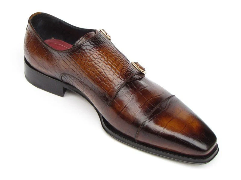 Paul Parkman Men's Croco-Embossed Leather Double Monkstraps in Brown - Image 5