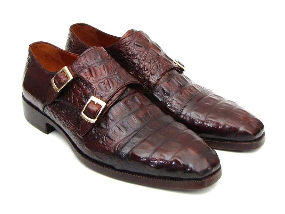 Paul Parkman Men's Croco-Embossed Leather Double Monkstraps in Brown and Bordeaux