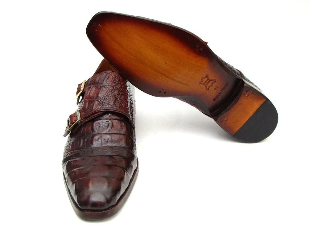 Paul Parkman Men's Croco-Embossed Leather Double Monkstraps in Brown and Bordeaux - Image 4