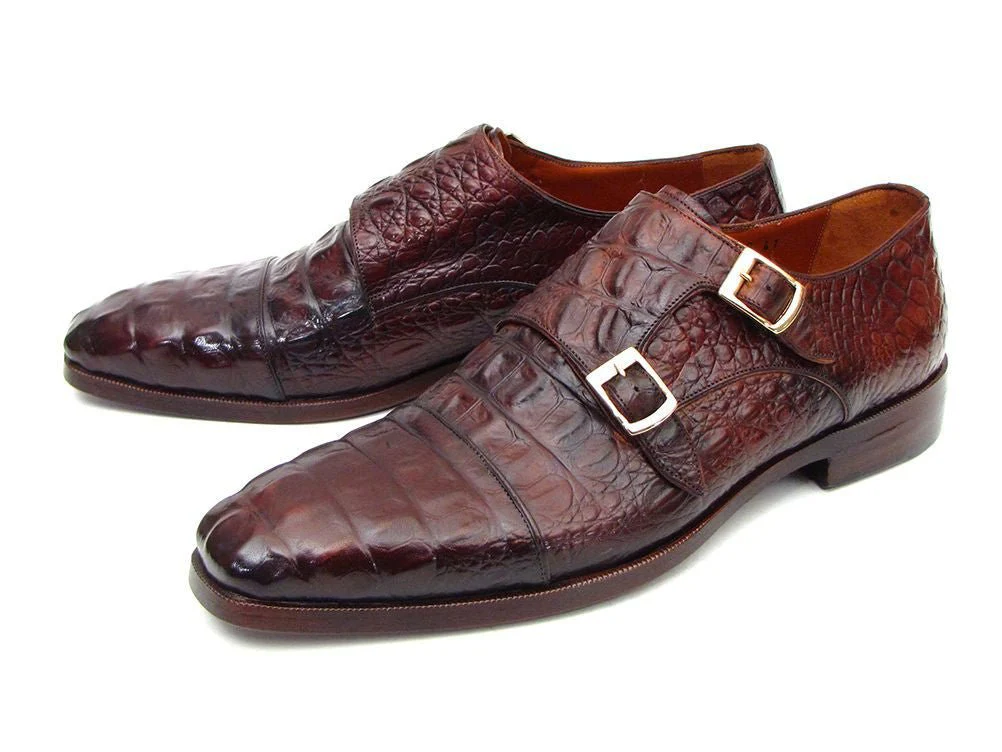Paul Parkman Men's Croco-Embossed Leather Double Monkstraps in Brown and Bordeaux - Image 5