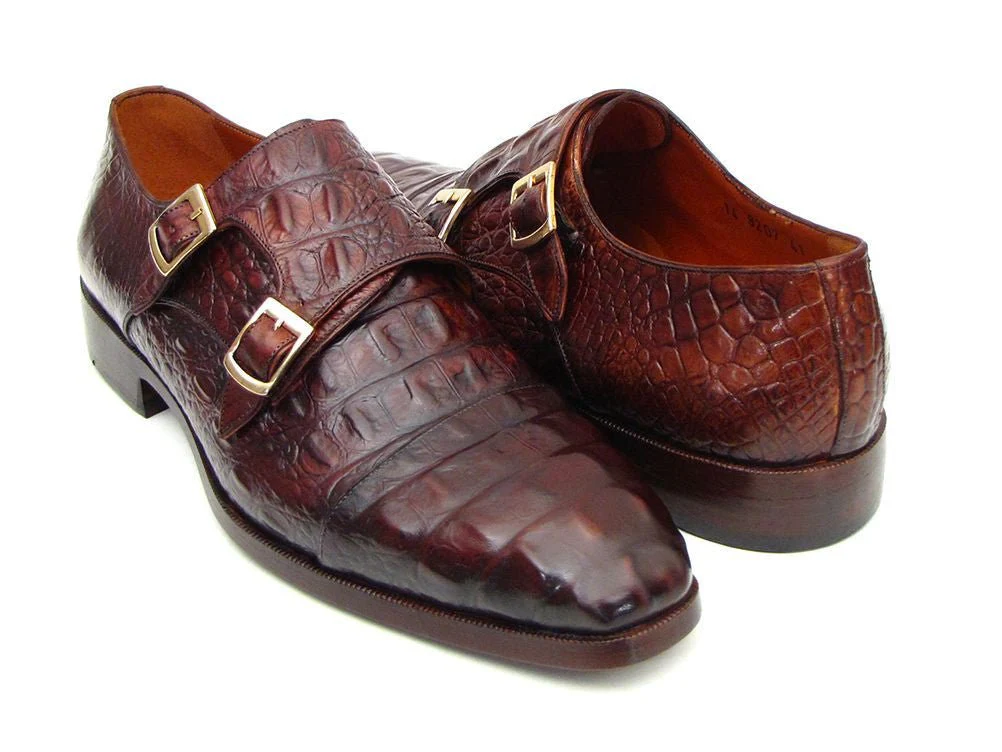 Paul Parkman Men's Croco-Embossed Leather Double Monkstraps in Brown and Bordeaux - Image 6