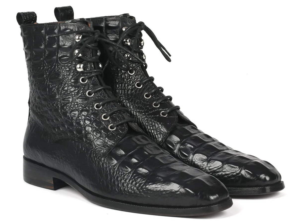 Paul Parkman Men's Croco-Embossed Leather Lace-Up Boots in Black